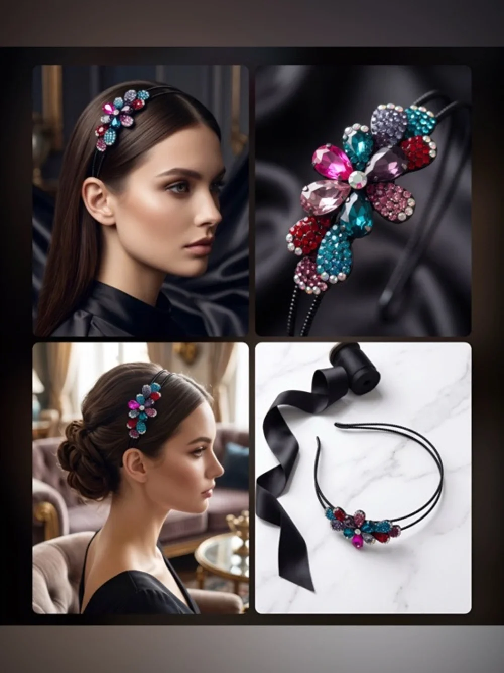 Crystal Floral Double-Band Headband in Pink, Teal, Red and Purple
